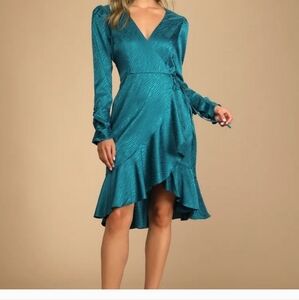 Flair for Drama Teal Blue Satin Jacquard Faux Wrap Midi Dress. Lulus xs